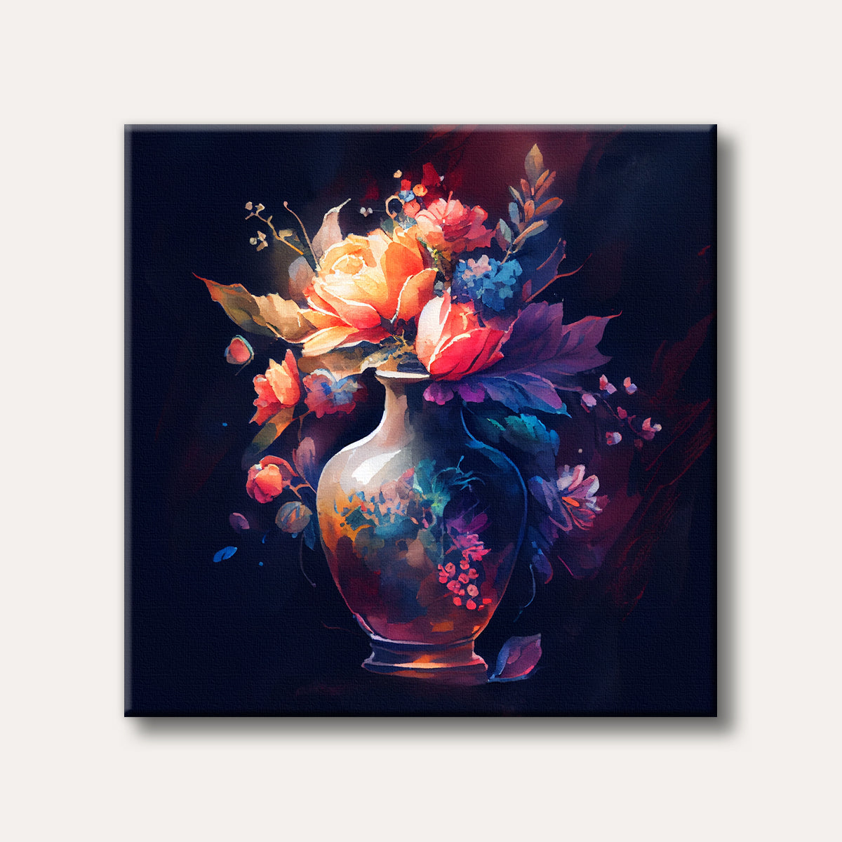 A vibrant watercolour painting depicting a bouquet of orange, red, and blue flowers in a vase, set against a dark, moody background.