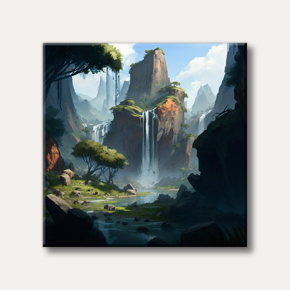 A breathtaking landscape painting depicting multiple waterfalls cascading down vast, moss-covered cliffs into a serene river, rendered in a realistic and vibrant style.