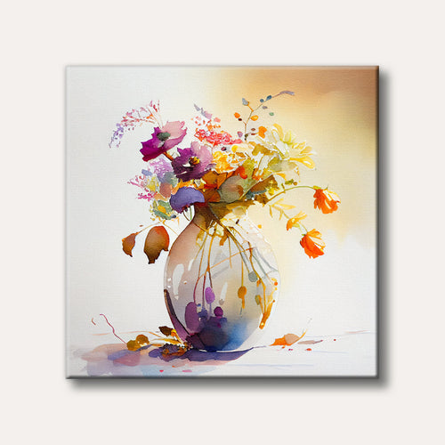 A vibrant painting of a multi-coloured floral bouquet in a translucent vase, depicted in an expressive, abstract style.