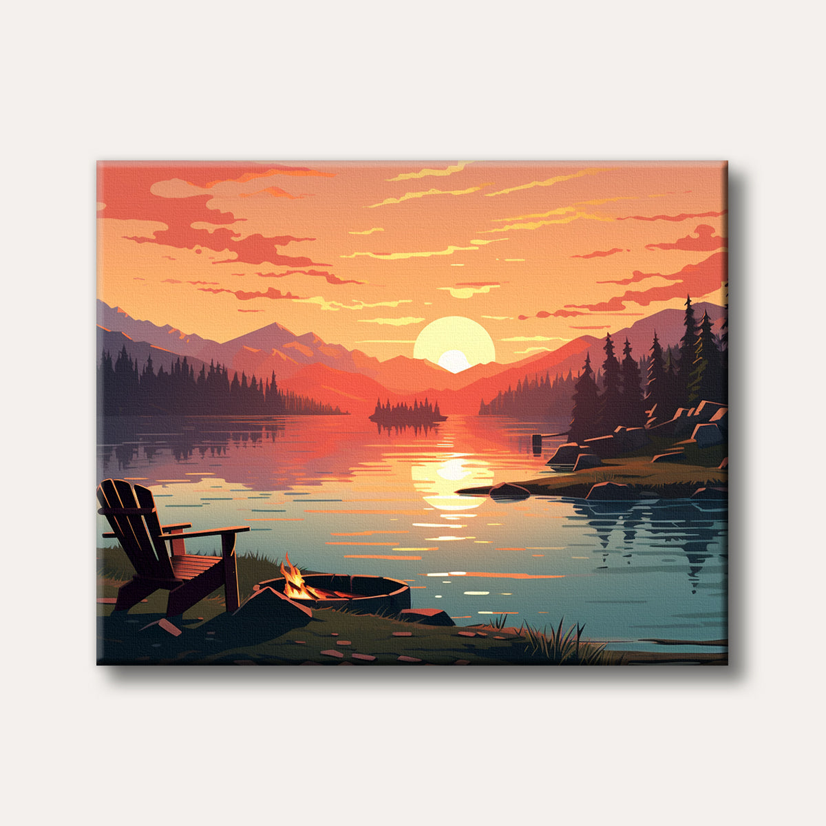 A vibrant sunset over a calm lake, surrounded by mountains and pine trees, with a campfire and an Adirondack chair in the foreground, rendered in a modern graphic style.