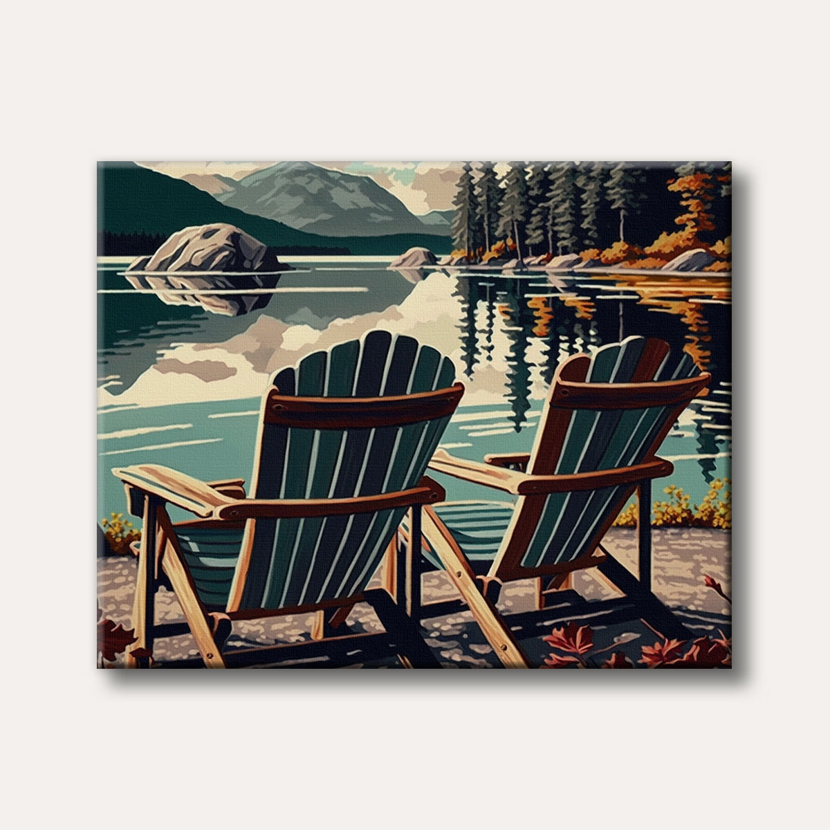 Two Adirondack chairs sit by a serene lake reflecting mountains and pine trees, painted in a stylized, peaceful manner.