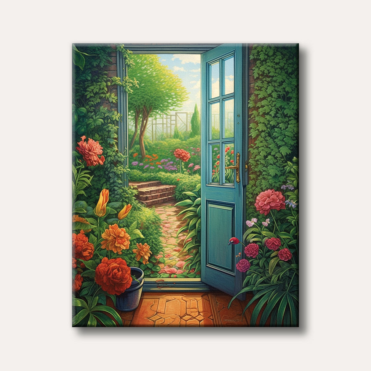 A vibrant painting depicts an open teal door revealing a lush secret garden with colourful flowers, a winding path, and sunlit trees.