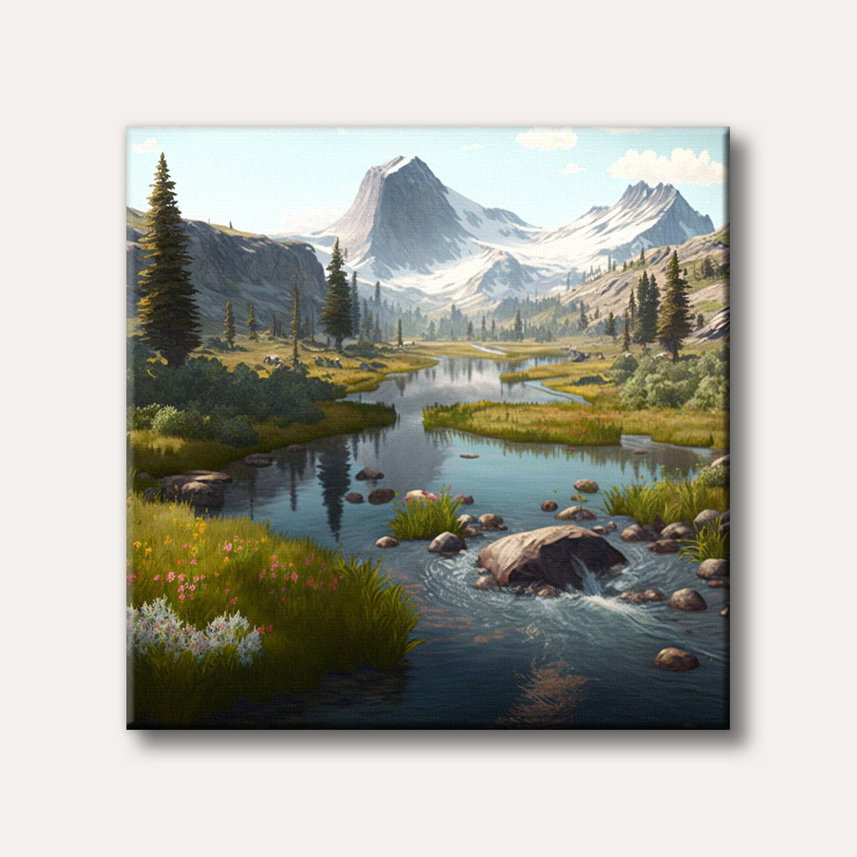 A stunning realistic painting of a tranquil alpine river flowing through a lush green valley, framed by majestic snow-capped mountains under a clear sky.