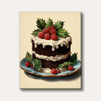 A festive chocolate cake adorned with white frosting, red berries, and green holly leaves, presented in a charming illustration style.
