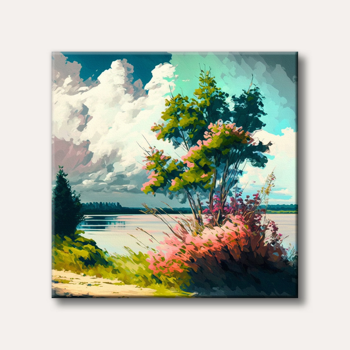 A vibrant, impressionistic painting of a lush green tree with pink blossoms beside a calm lake under a dramatic cloudy sky, reflecting serene natural beauty.