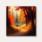 A serene autumn landscape painting depicting a sunlit path through a forest with trees displaying brilliant red and orange foliage, leading towards a calm body of water.