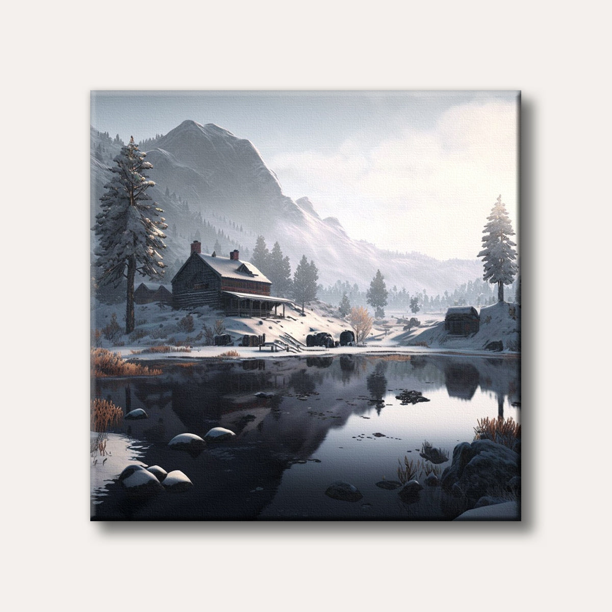 A serene winter landscape depicting a snow-covered cabin by a calm lake with majestic mountains in the background, rendered in a realistic, tranquil style.