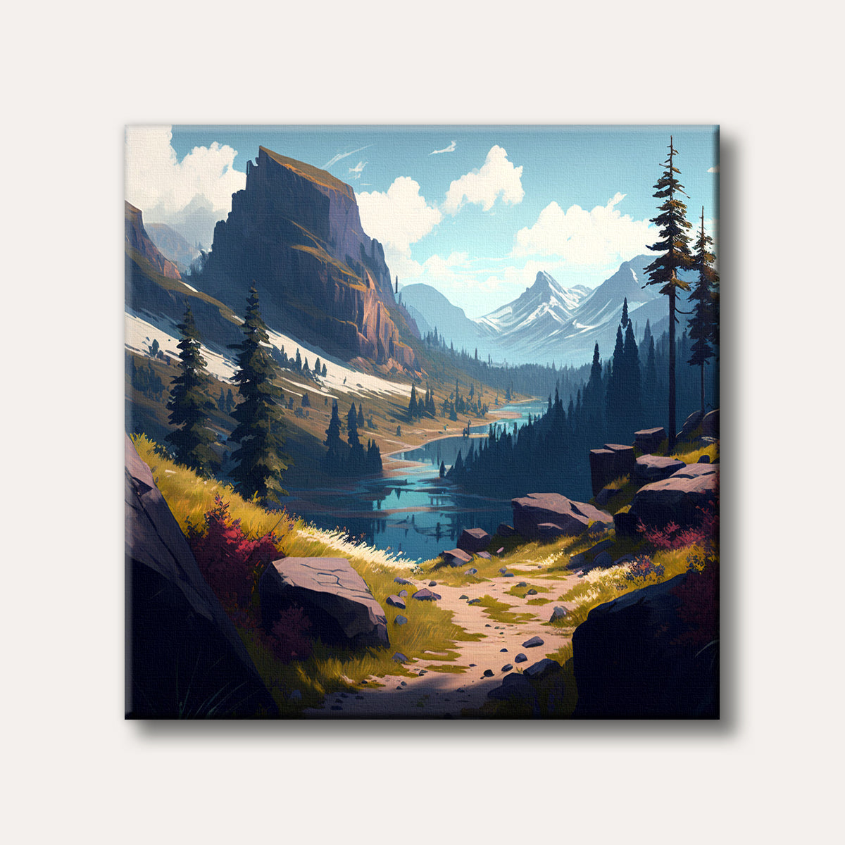 A majestic mountain valley landscape featuring a winding river reflecting a clear sky, surrounded by evergreen trees and snow-dusted peaks, rendered in a serene, stylized art style.