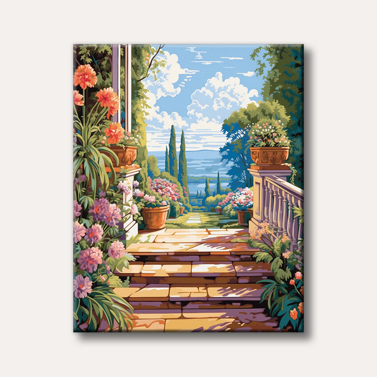 A vibrant painting of a Mediterranean garden staircase filled with colourful flowers, leading down to a serene lake under a clear blue sky, depicted in a bright and inviting style.