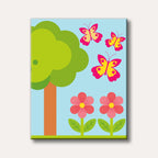 A simple, vibrant illustration featuring a large green tree, two pink flowers, and three yellow and pink butterflies against a light blue sky, rendered in a flat, cheerful style.