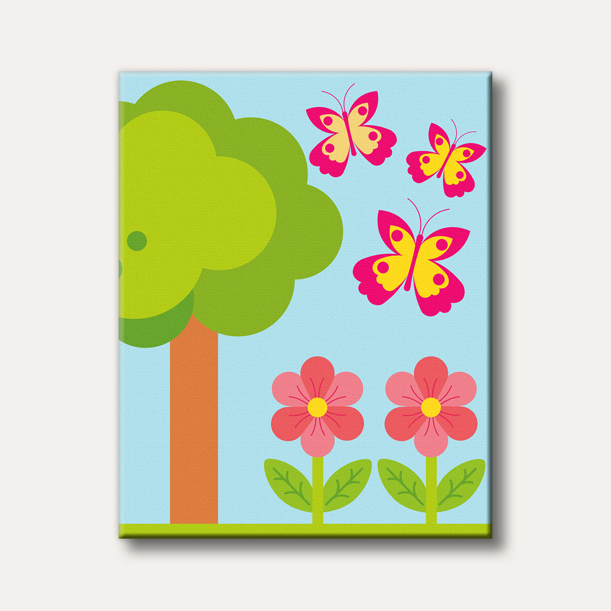 A simple, vibrant illustration featuring a large green tree, two pink flowers, and three yellow and pink butterflies against a light blue sky, rendered in a flat, cheerful style.
