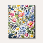A vibrant, dense botanical pattern featuring a variety of pink, blue, and yellow flowers, green leaves, and dark blue berries on a light background, rendered in a detailed watercolour style.