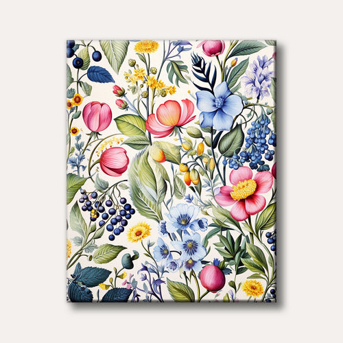 A vibrant, dense botanical pattern featuring a variety of pink, blue, and yellow flowers, green leaves, and dark blue berries on a light background, rendered in a detailed style.