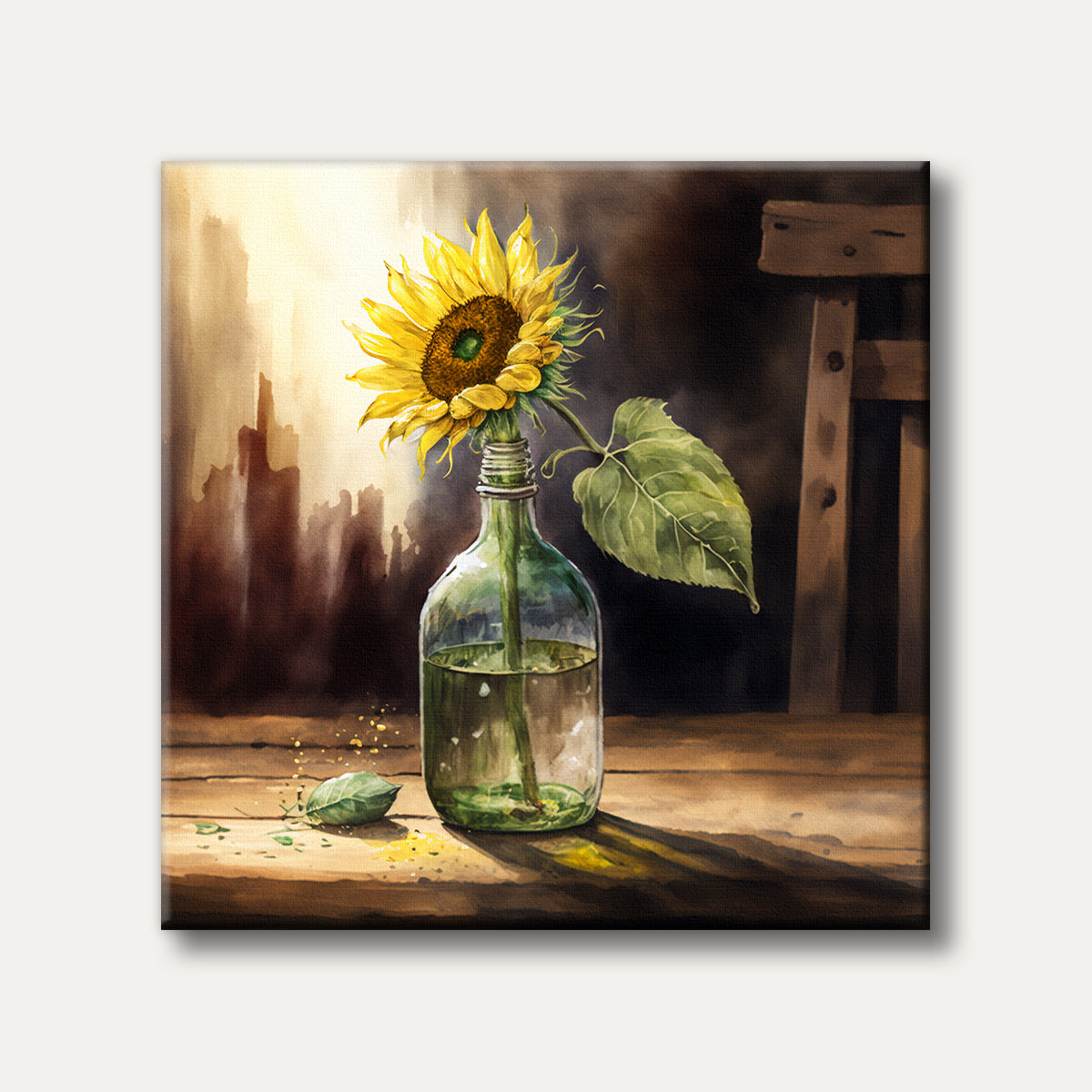 A vibrant yellow sunflower in a clear green glass bottle on a rustic wooden table, rendered in a warm watercolour painting style.