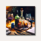 A still life watercolour painting showing wine bottles, glasses, and blueberries on a rustic wooden table, illuminated by warm, golden light, creating a cozy atmosphere.