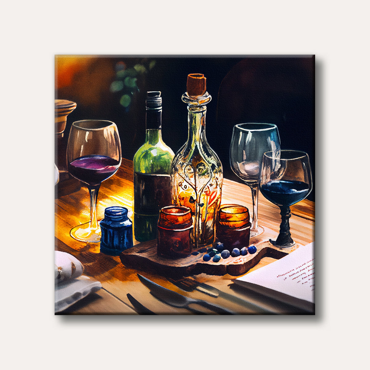 A still life watercolour painting showing wine bottles, glasses, and blueberries on a rustic wooden table, illuminated by warm, golden light, creating a cozy atmosphere.