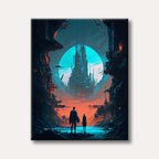 An abstract sci-fi painting depicting two silhouetted figures observing a futuristic city under a glowing teal moon, with dark, stylized terrain in the foreground.
