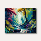 A vibrant, stylized painting of an enchanted forest with a stream winding through, featuring trees with red, yellow, and blue-green foliage in a dreamlike atmosphere.