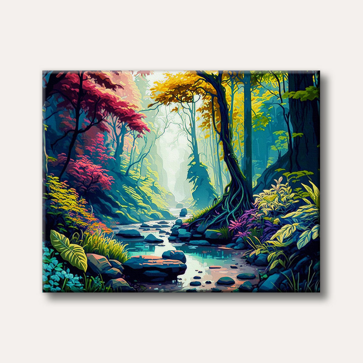 A vibrant, stylized painting of an enchanted forest with a stream winding through, featuring trees with red, yellow, and blue-green foliage in a dreamlike atmosphere.