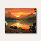 A vector art illustration of a serene lakeside campsite at sunset, with a tent, campfire, and Adirondack chair overlooking tranquil water and distant mountains.