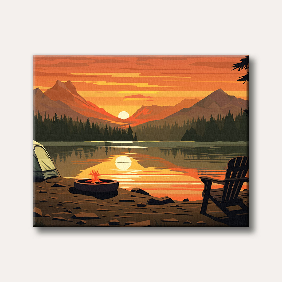 A vector art illustration of a serene lakeside campsite at sunset, with a tent, campfire, and Adirondack chair overlooking tranquil water and distant mountains.