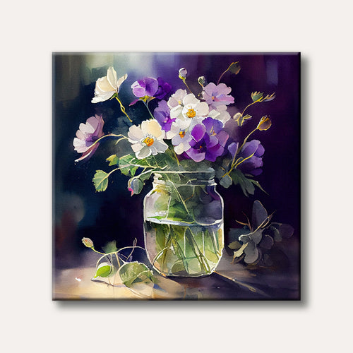 A painting depicting a bouquet of white and purple flowers in a glass jar, illuminated by soft light against a dark background, conveying a serene and delicate mood.