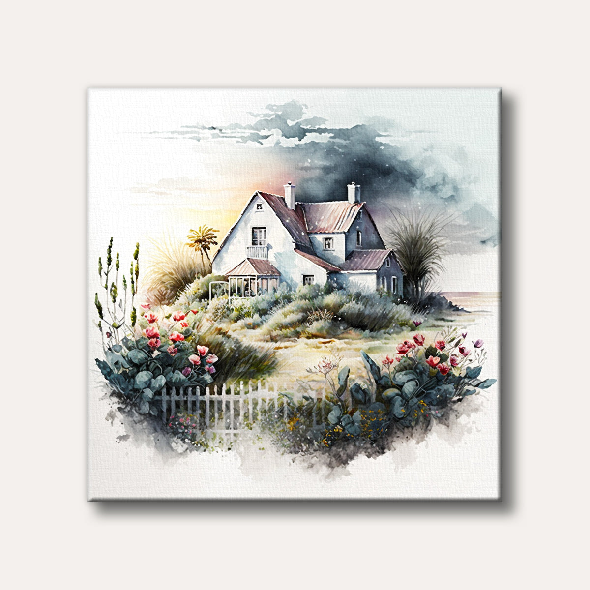 A picturesque watercolour painting of a white cottage nestled on a green hill, surrounded by a lush garden with red flowers and a white fence under a soft, cloudy sky.