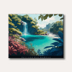 A vibrant, stylized painting of a serene tropical waterfall cascading into a clear turquoise lagoon, surrounded by lush green and colourful pink foliage.