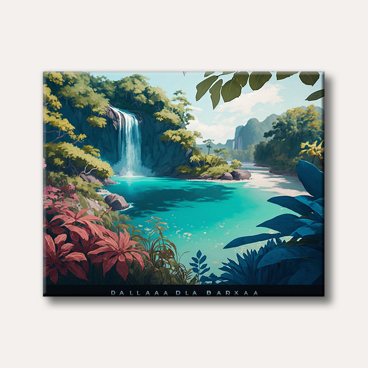 A vibrant, stylized painting of a serene tropical waterfall cascading into a clear turquoise lagoon, surrounded by lush green and colourful pink foliage.