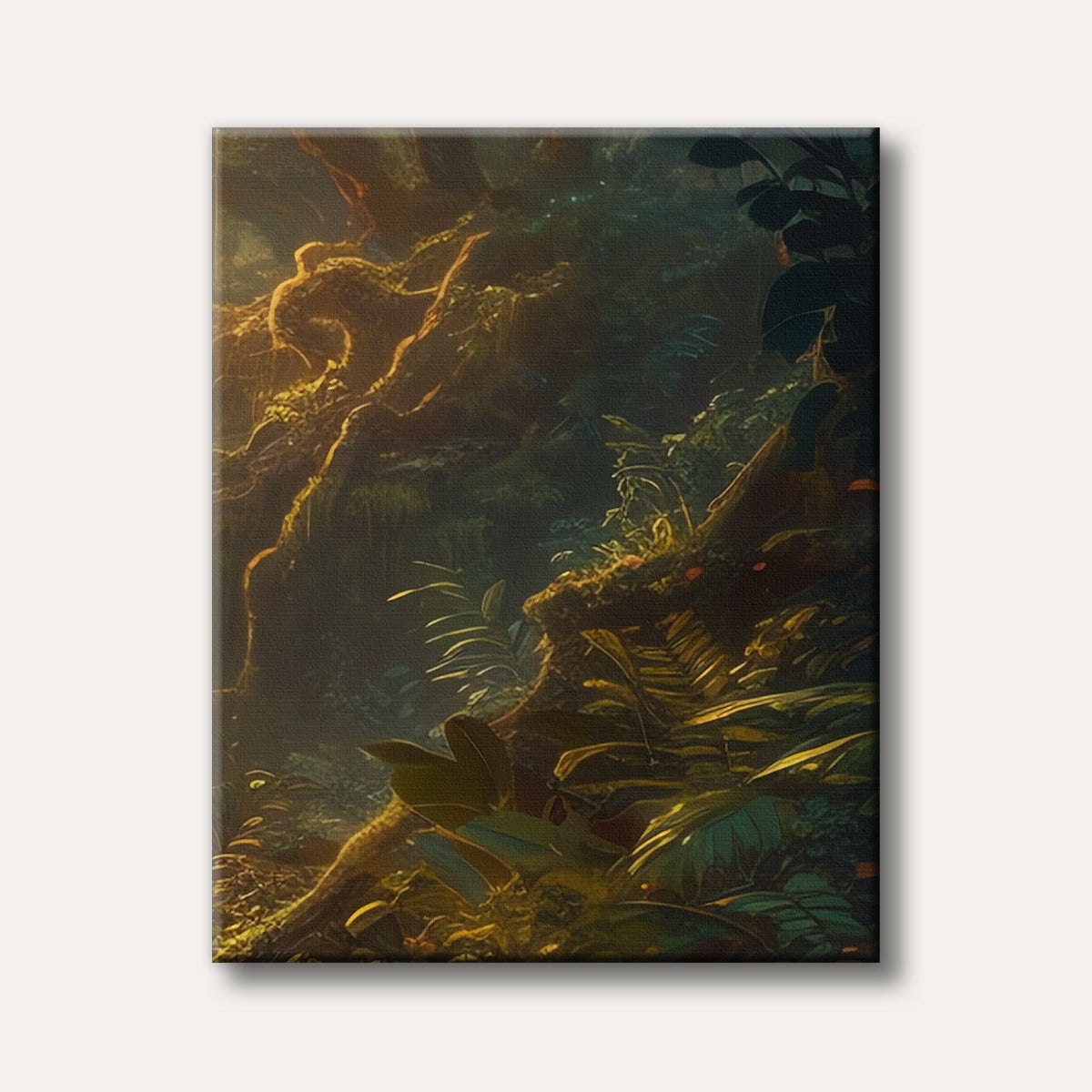 A vibrant, realistic painting of a dense jungle interior, with golden sunlight illuminating ancient roots and lush green foliage, creating a mysterious and enchanting atmosphere.