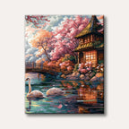 A vibrant painting of a serene Japanese garden featuring a traditional house, a wooden bridge, a lake with two swans, and abundant pink cherry blossoms, rendered in a detailed, illustrative style.