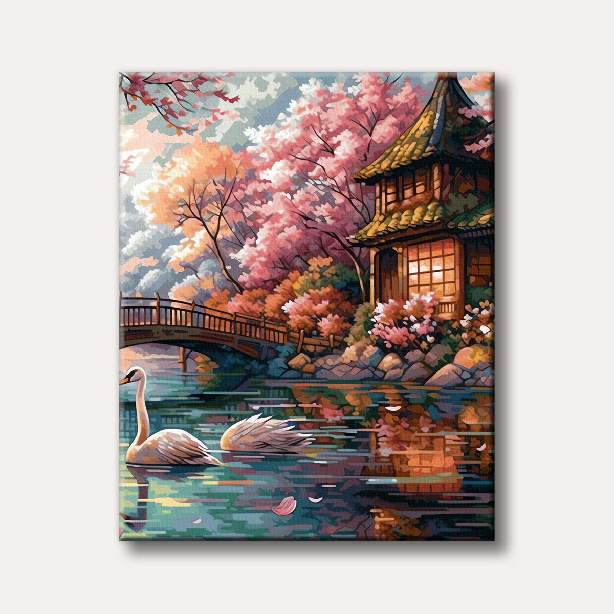 A vibrant painting of a serene Japanese garden featuring a traditional house, a wooden bridge, a lake with two swans, and abundant pink cherry blossoms, rendered in a detailed, illustrative style.