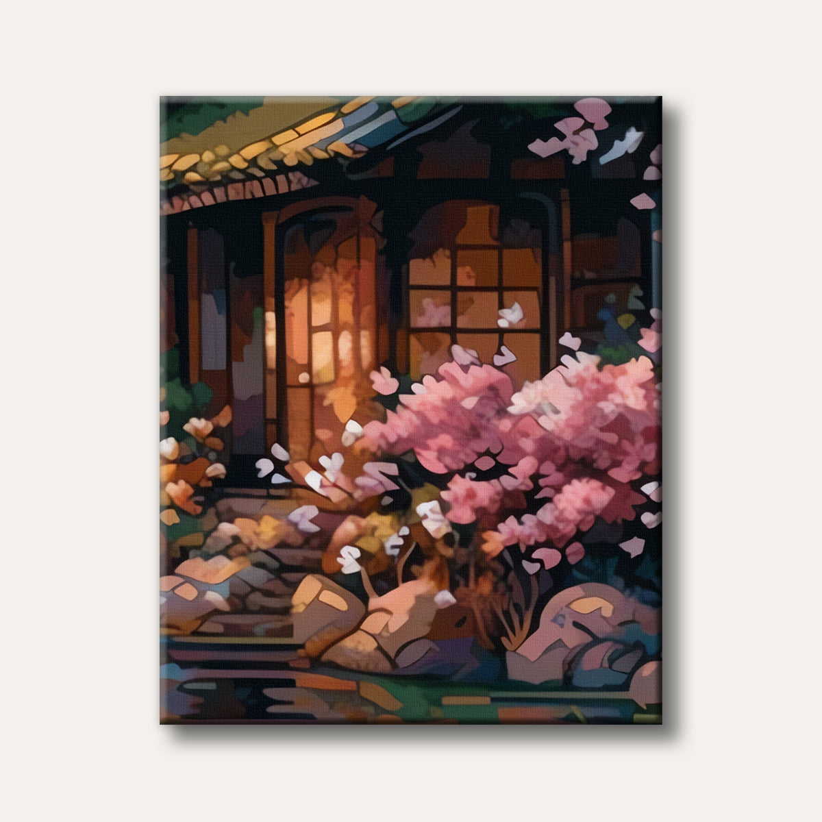 A stylized painting of a traditional Japanese temple surrounded by vibrant autumn trees and pink cherry blossoms falling into a dark pond, rendered with distinct colour blocks and warm lighting.