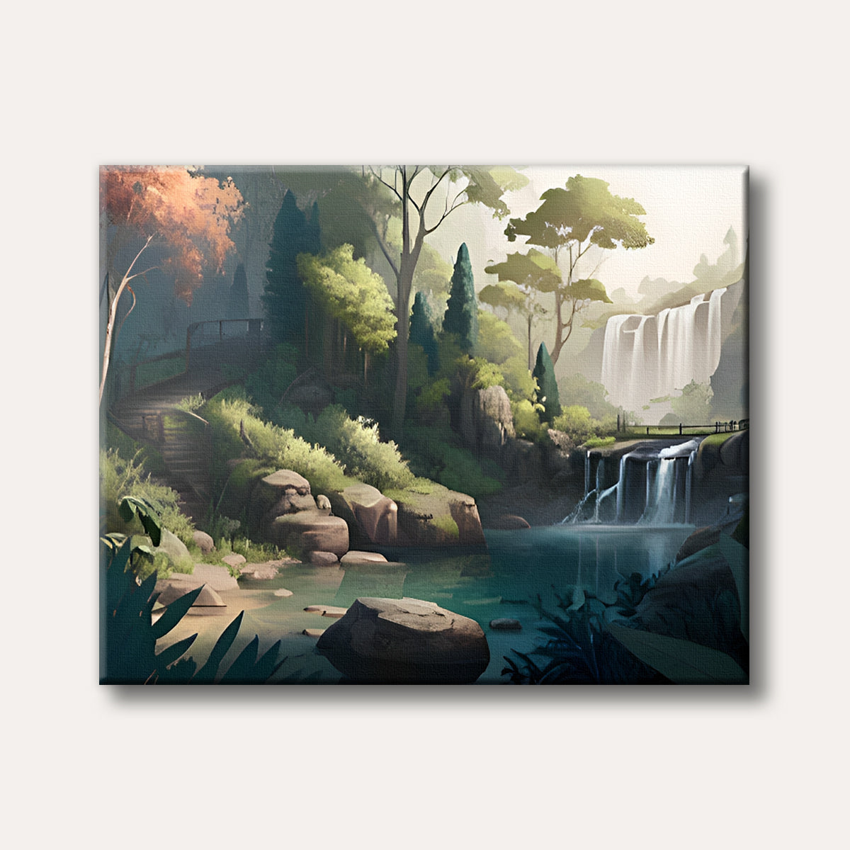 A serene landscape painting depicting lush green forests with multiple cascading waterfalls and tranquil pools, bathed in soft, ethereal light.