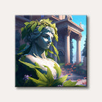 A classical stone bust of a woman, adorned with vibrant green leaves, stands majestically in a sunlit garden with ornate architecture in the background.
