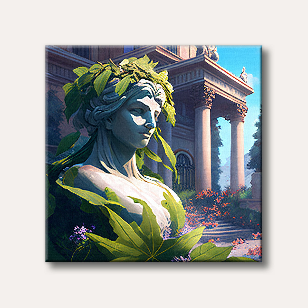 A classical stone bust of a woman, adorned with vibrant green leaves, stands majestically in a sunlit garden with ornate architecture in the background.