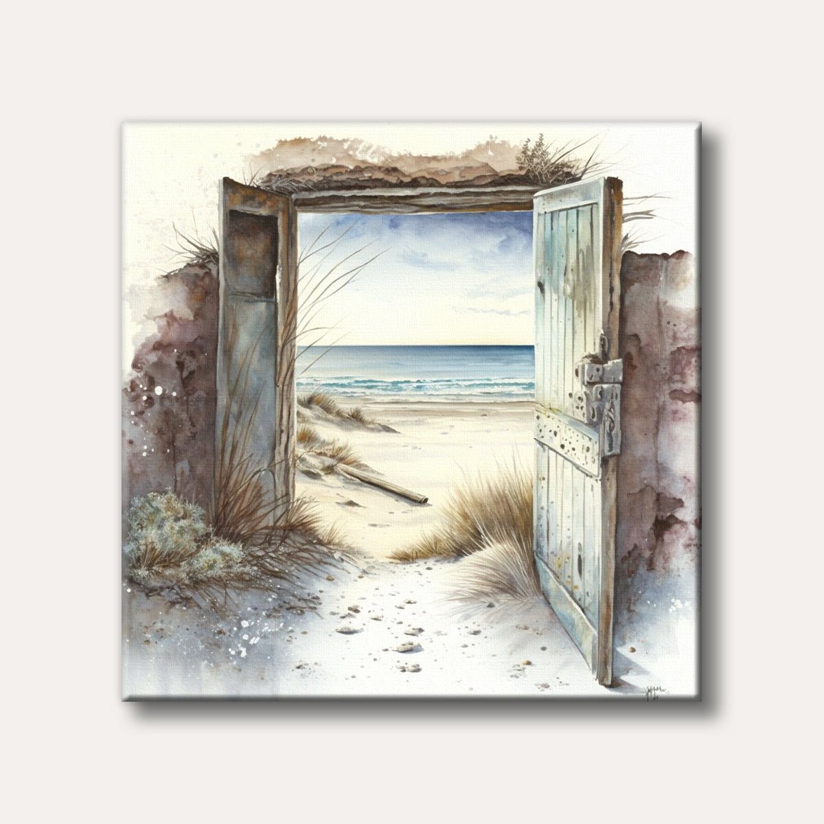 A weathered wooden door opens to a tranquil sandy beach with gentle waves under a clear sky, rendered in a soft watercolour style.