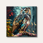 A vibrant, painterly depiction of an owl perched on a branch, featuring a mix of colourful brushstrokes against a dark forest background.
