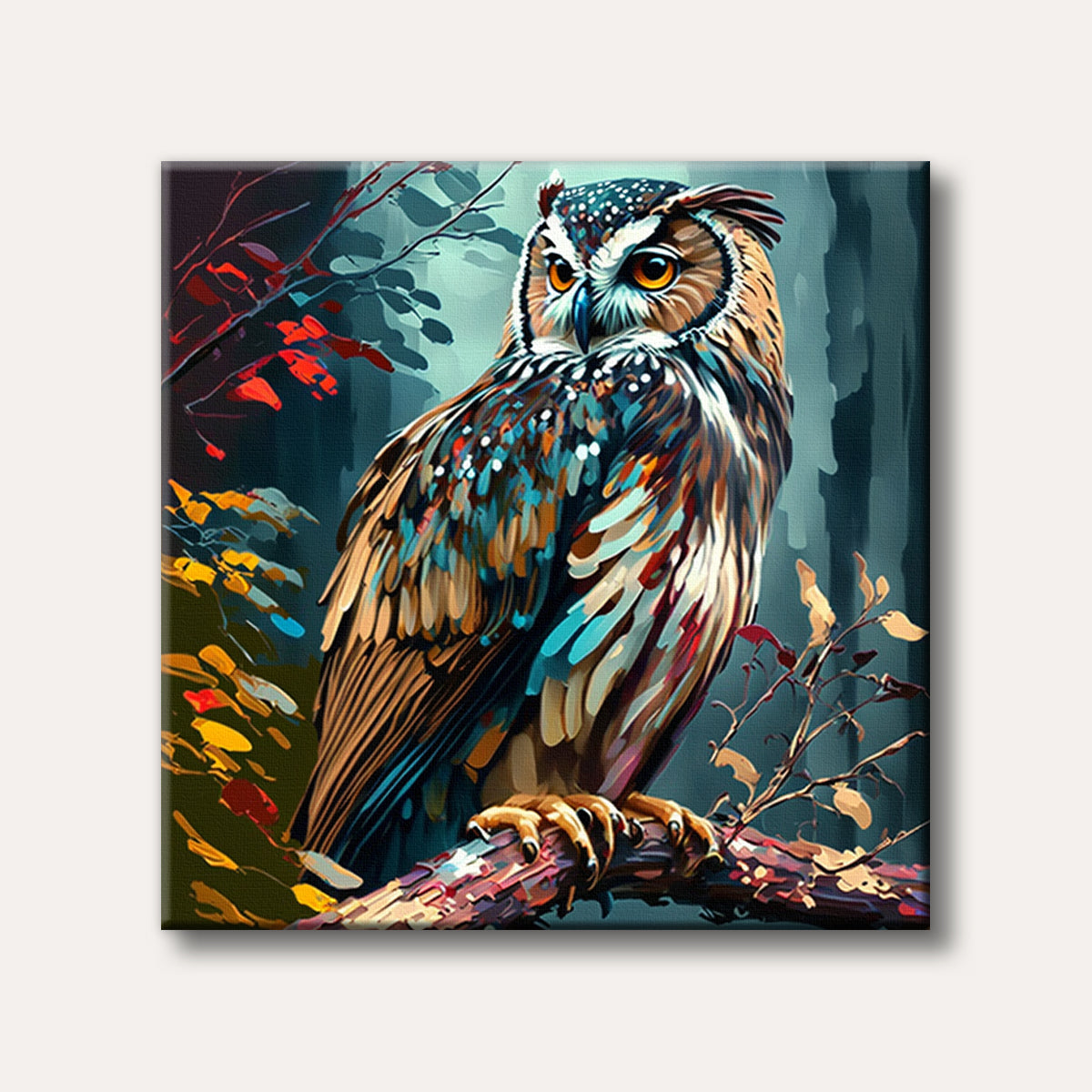 A vibrant, painterly depiction of an owl perched on a branch, featuring a mix of colourful brushstrokes against a dark forest background.
