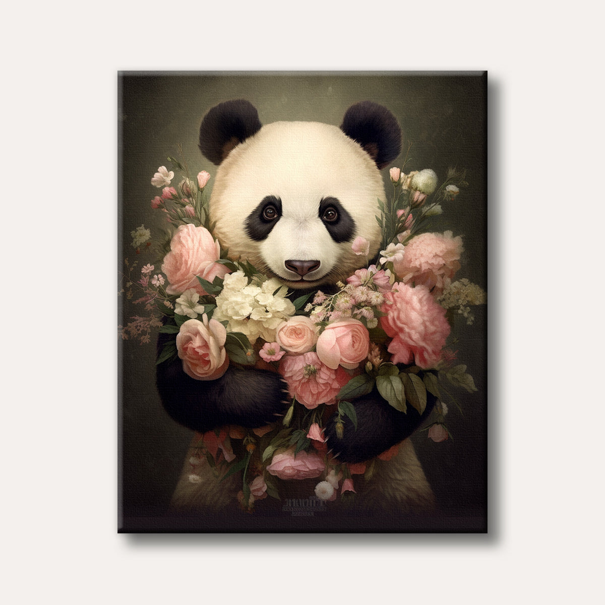A charming panda holding a large bouquet of pink and white flowers, depicted in a soft, realistic style against a dark background.