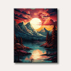A vibrant and dramatic landscape painting depicting a huge sun setting or rising over a tranquil lake, surrounded by towering mountains and dark evergreen trees, rendered in a bold, stylized art style.