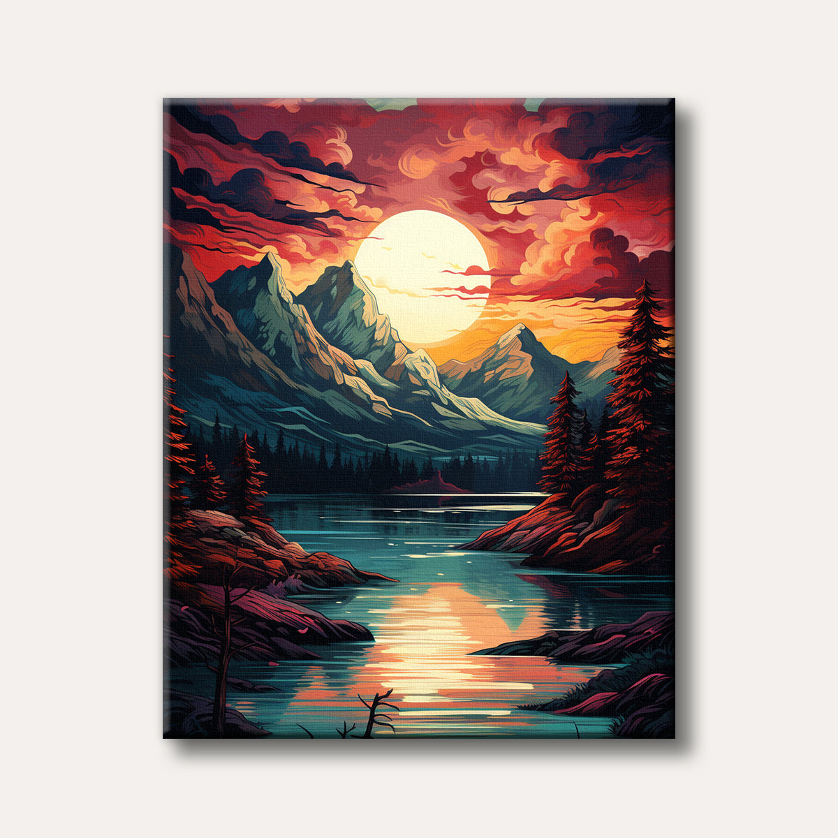 A vibrant and dramatic landscape painting depicting a huge sun setting or rising over a tranquil lake, surrounded by towering mountains and dark evergreen trees, rendered in a bold, stylized art style.