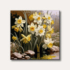 A vibrant painting of white and yellow daffodils blooming beside a tranquil pond, with their colourful reflections visible in the water.