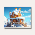 A charming, whimsical house heavily adorned with snow and icing-like details, set against a bright blue winter sky with snowy hills.