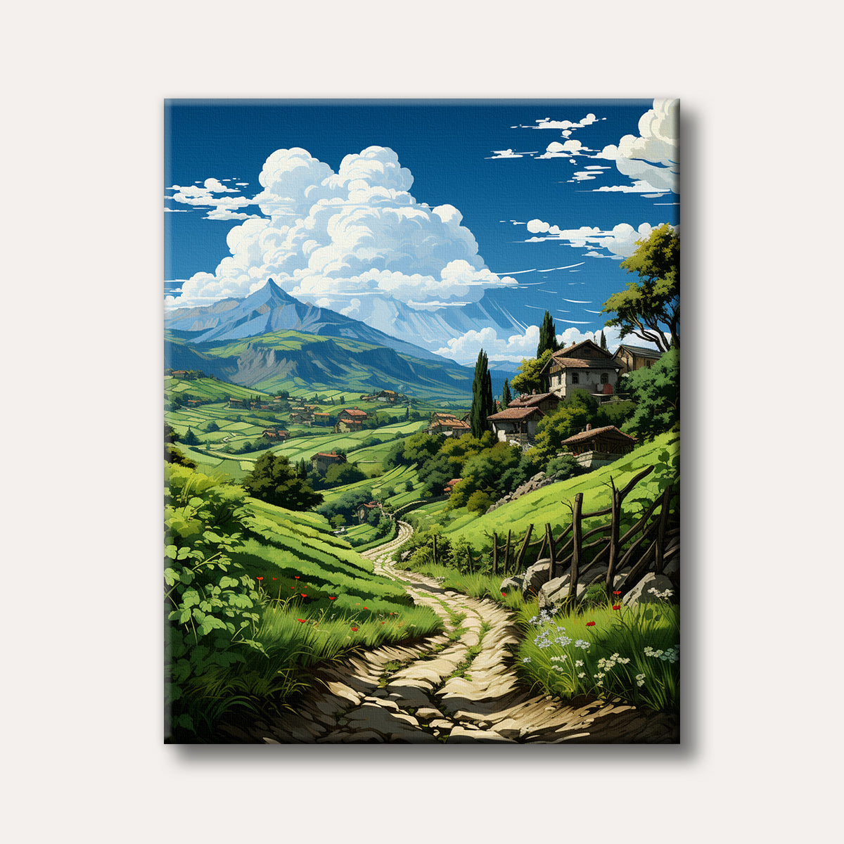 A vibrant, anime-style landscape painting showcasing a winding stone path through a lush green valley with quaint villages, towering mountains, and a bright blue sky.