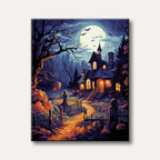 A vibrant illustration of a haunted house under a full moon, with bare trees, flying bats, glowing pumpkins, and a warm-lit path leading to the entrance, rendered in a whimsical, spooky style.