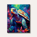 A highly stylized and vibrant sea turtle with a multi-coloured shell and flippers swims amidst a rich, colourful underwater landscape of coral and plant life.