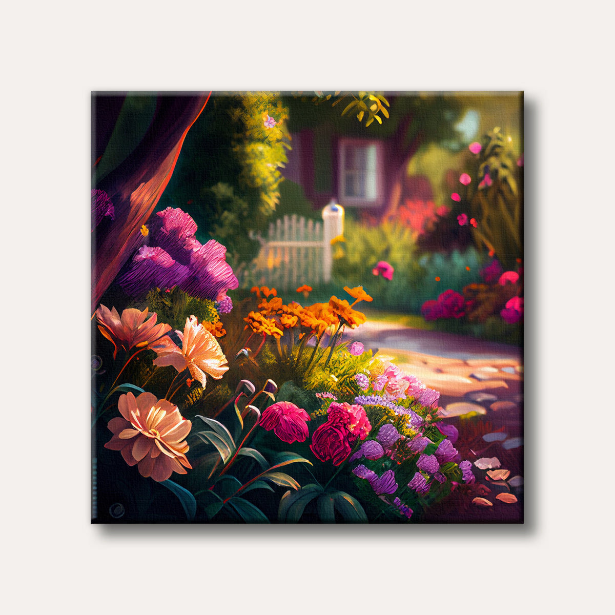 A vibrant, enchanting garden path filled with a variety of colourful flowers and lush greenery, leading towards a quaint house, painted in a fantastical, expressive style.