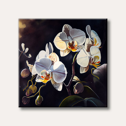A vibrant painting of white orchids with hints of yellow and orange, illuminated by a warm light against a dark background, depicting a serene floral scene.