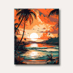 A vibrant, stylized illustration depicts a tropical beach at sunset with silhouetted palm trees, an orange and teal sky, and sparkling ocean waves.